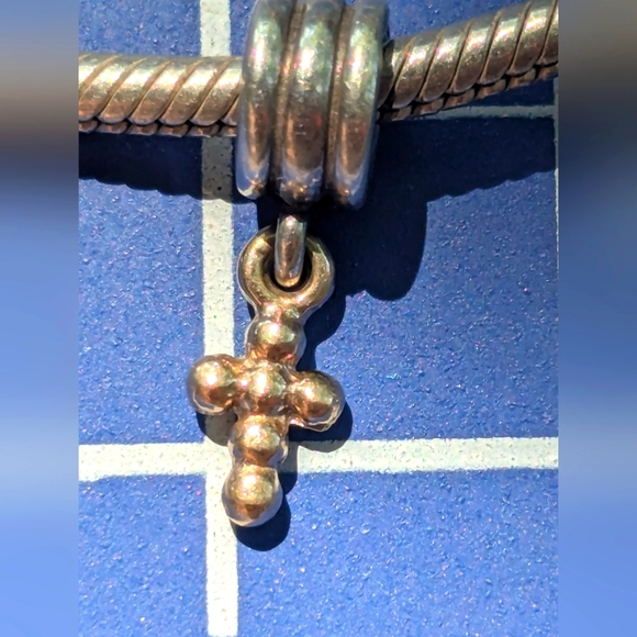 Pandora 925 ALE Sterling & 14K Gold Christian Cross Dangle Charm Bead - Picture 1 of 5